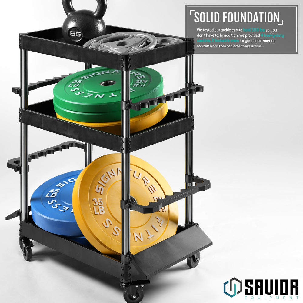 Savior Equipment Mobile Tackle Station adjustable rod holders fit various rod types.