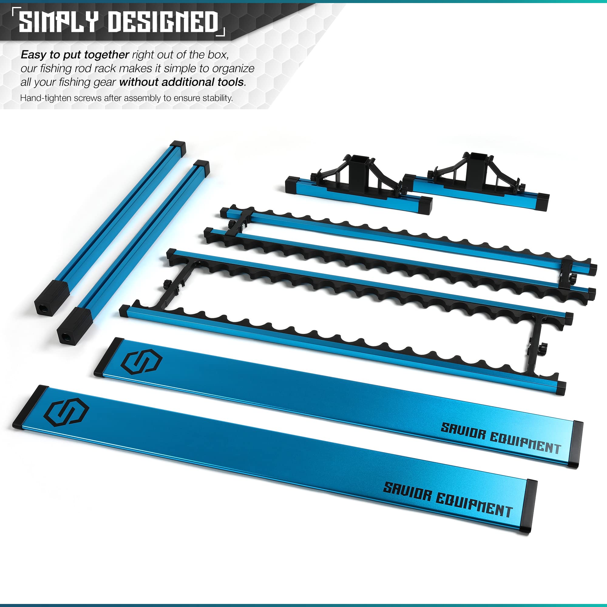Savior Equipment quick-assembly guide blue depicts fast, simple installation