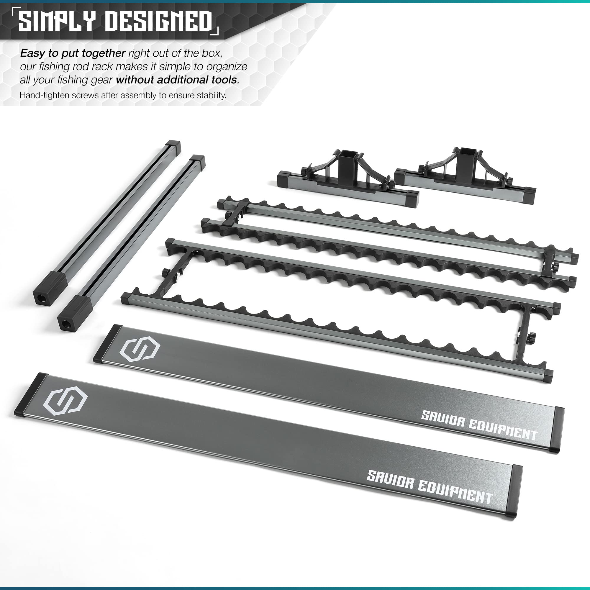 Savior Equipment rod and reel storage on gray aluminum stand
