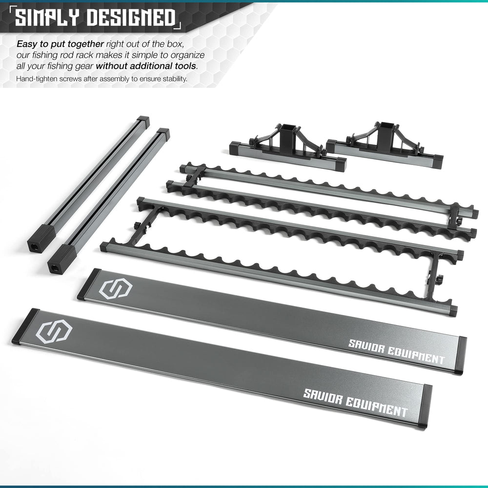 Savior Equipment rod and reel storage on gray aluminum stand