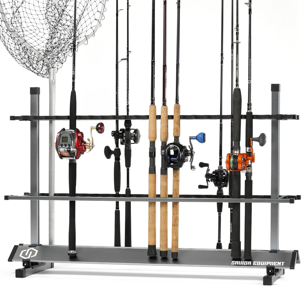 Savior Equipment rod rack front view highlights sturdy gray aluminum frame for garage organization