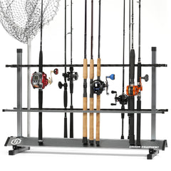 Savior Equipment rod rack front view highlights sturdy gray aluminum frame for garage organization