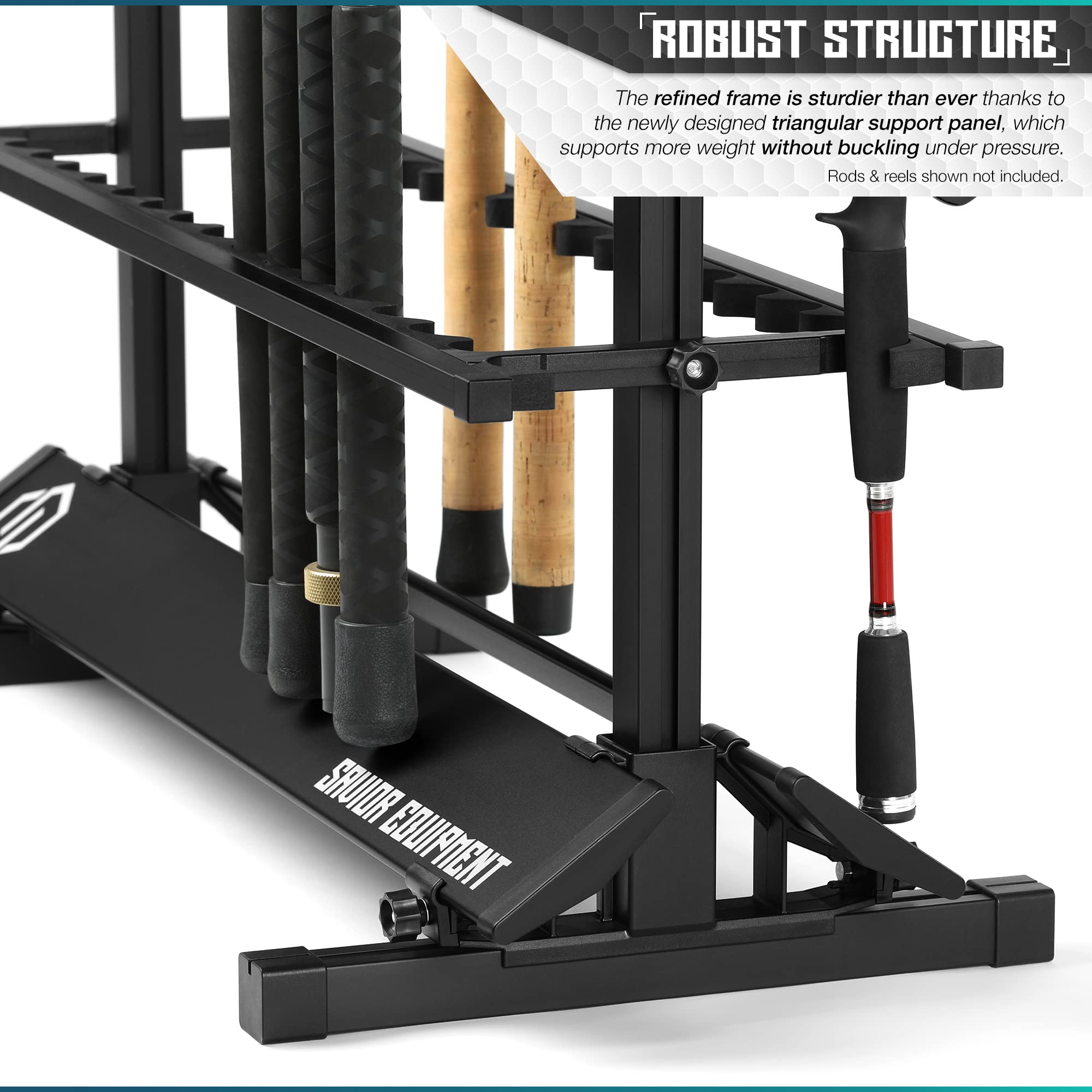 Savior Equipment rod rack in use demonstrates organized workspace with ready to grab rods.