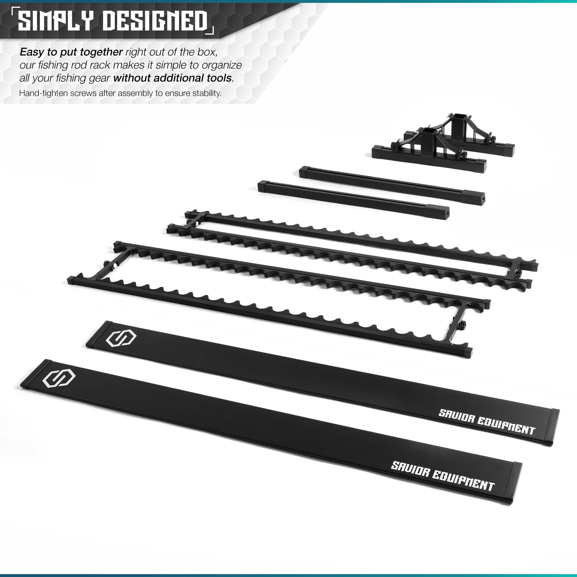 Savior Equipment rod rack rear view reveals stable base and balanced weight distribution.