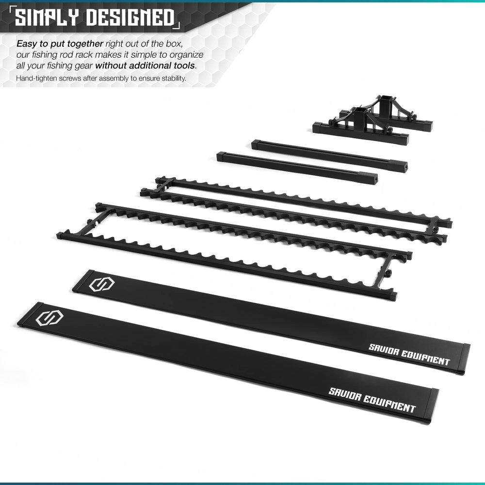 Savior Equipment rod rack rear view reveals stable base and balanced weight distribution.
