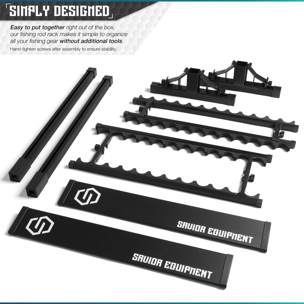 Savior Equipment rod rack in use with reels demonstrates organized storage capability.