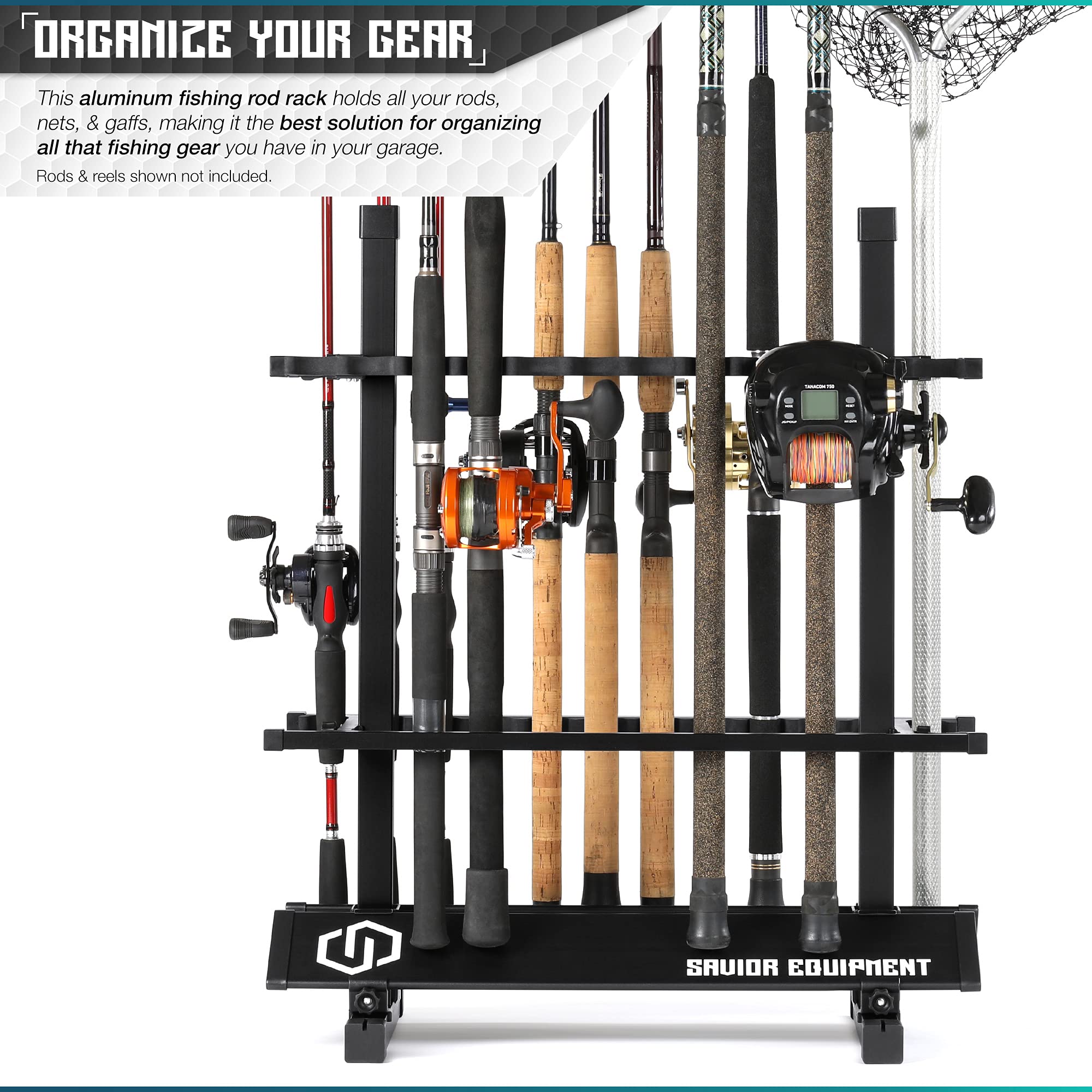 Savior Equipment rod rack side view highlights sturdy aluminum frame and ground stability.