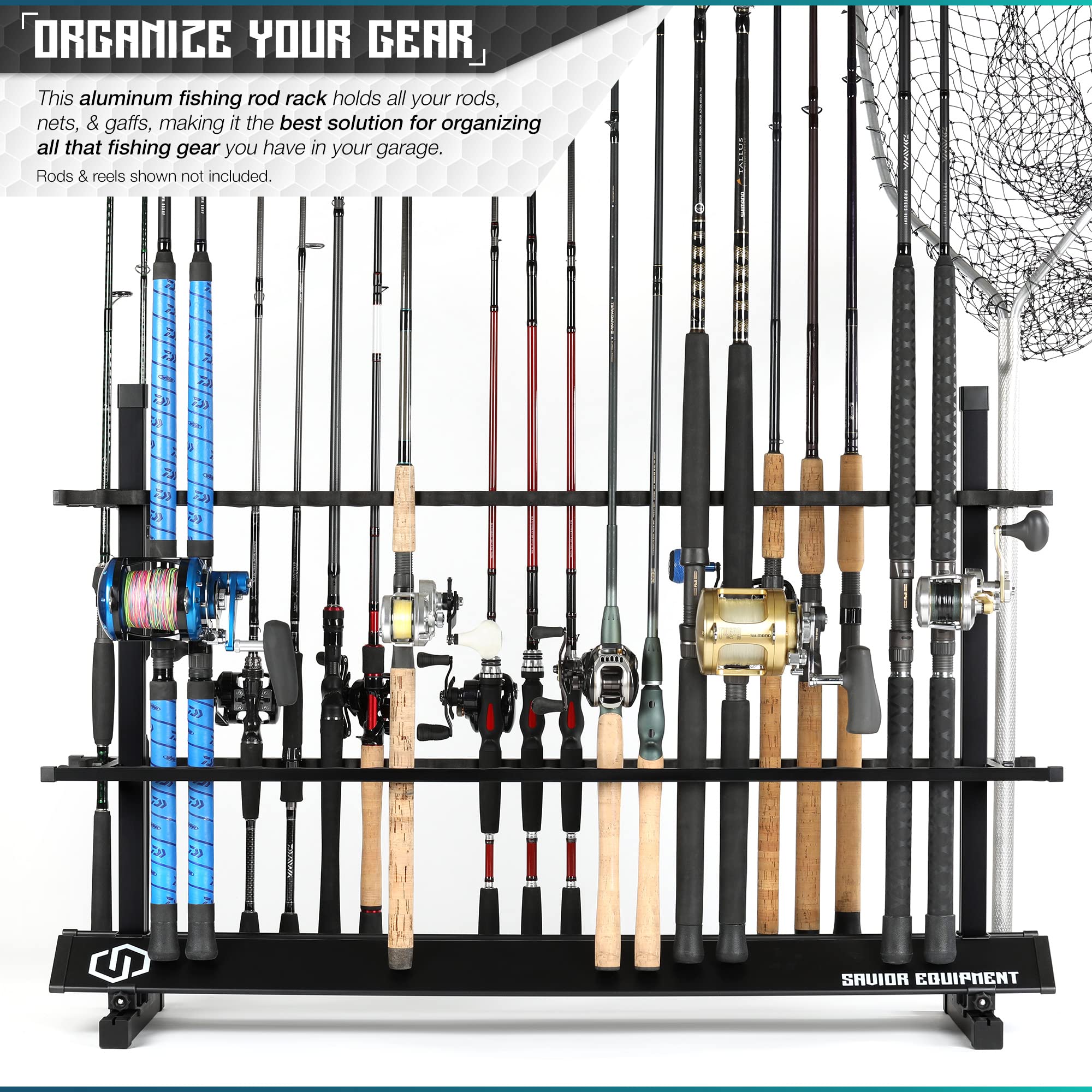 Savior Equipment rod rack side view highlights spacious 24-slot layout for multiple rods.