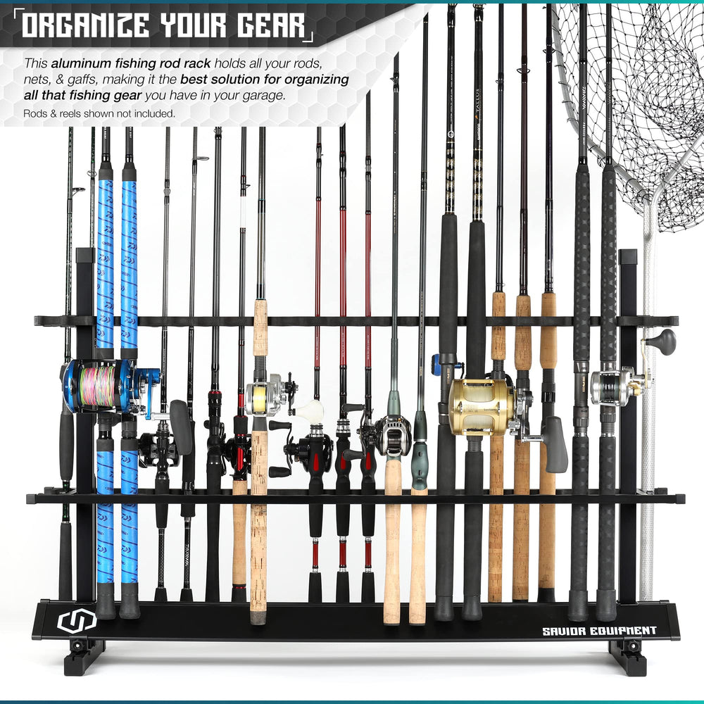Savior Equipment rod rack side view highlights spacious 24-slot layout for multiple rods.