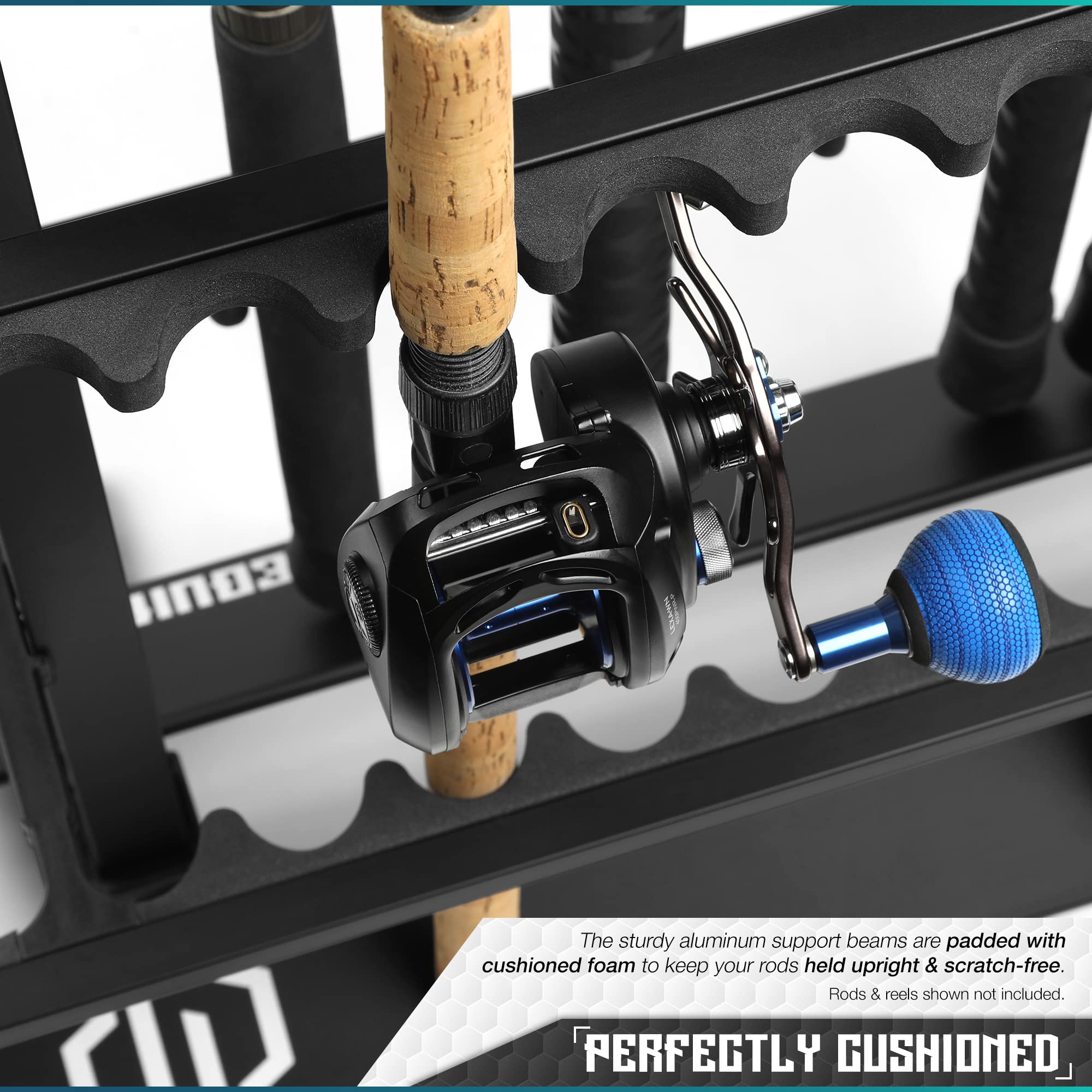 Savior Equipment rod rack slot detail shows evenly spaced holders for easy rod placement.