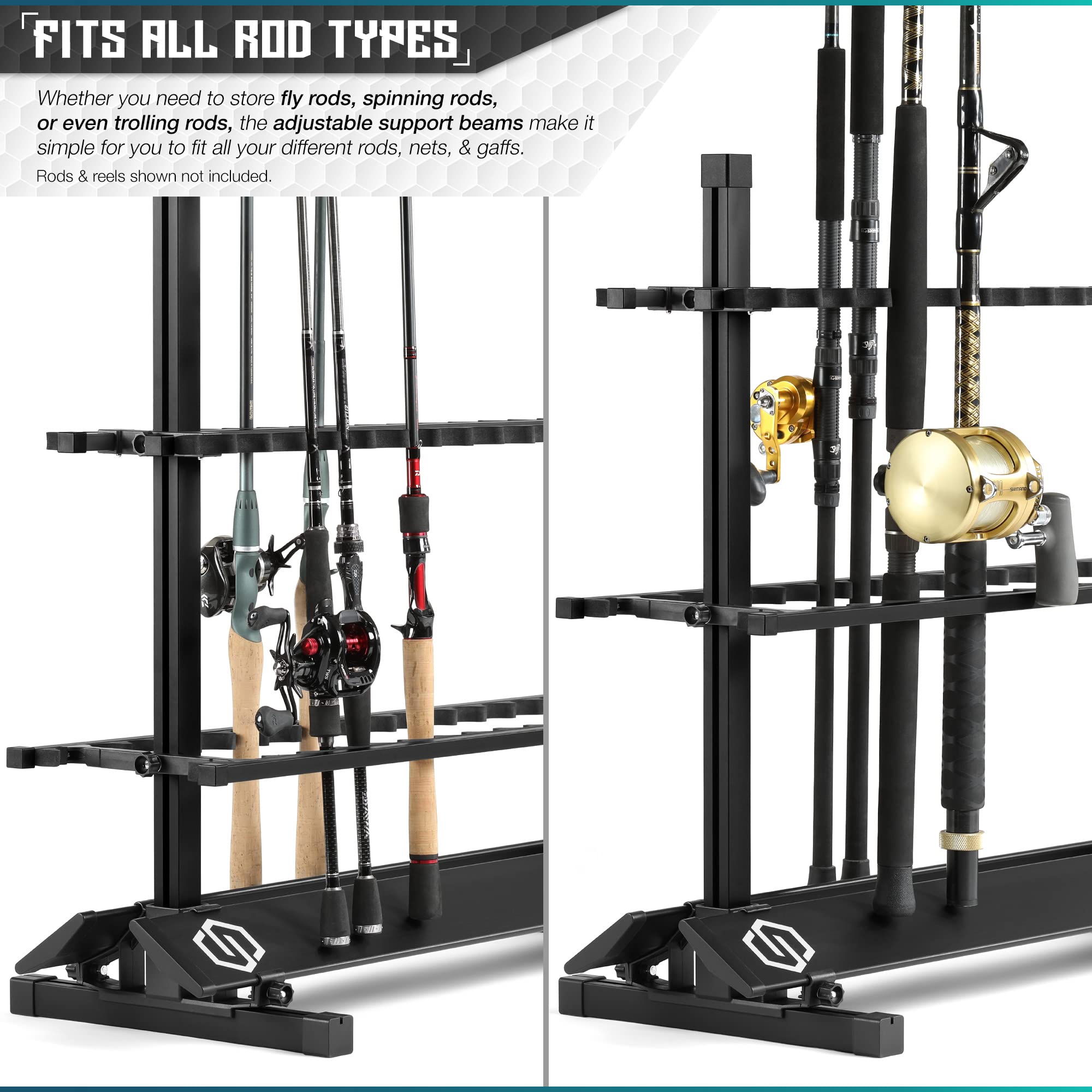 Savior Equipment rod rack top view emphasizes compact footprint for garage organization.