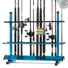 Savior Equipment rod rack vertical blue view shows compact garage organization