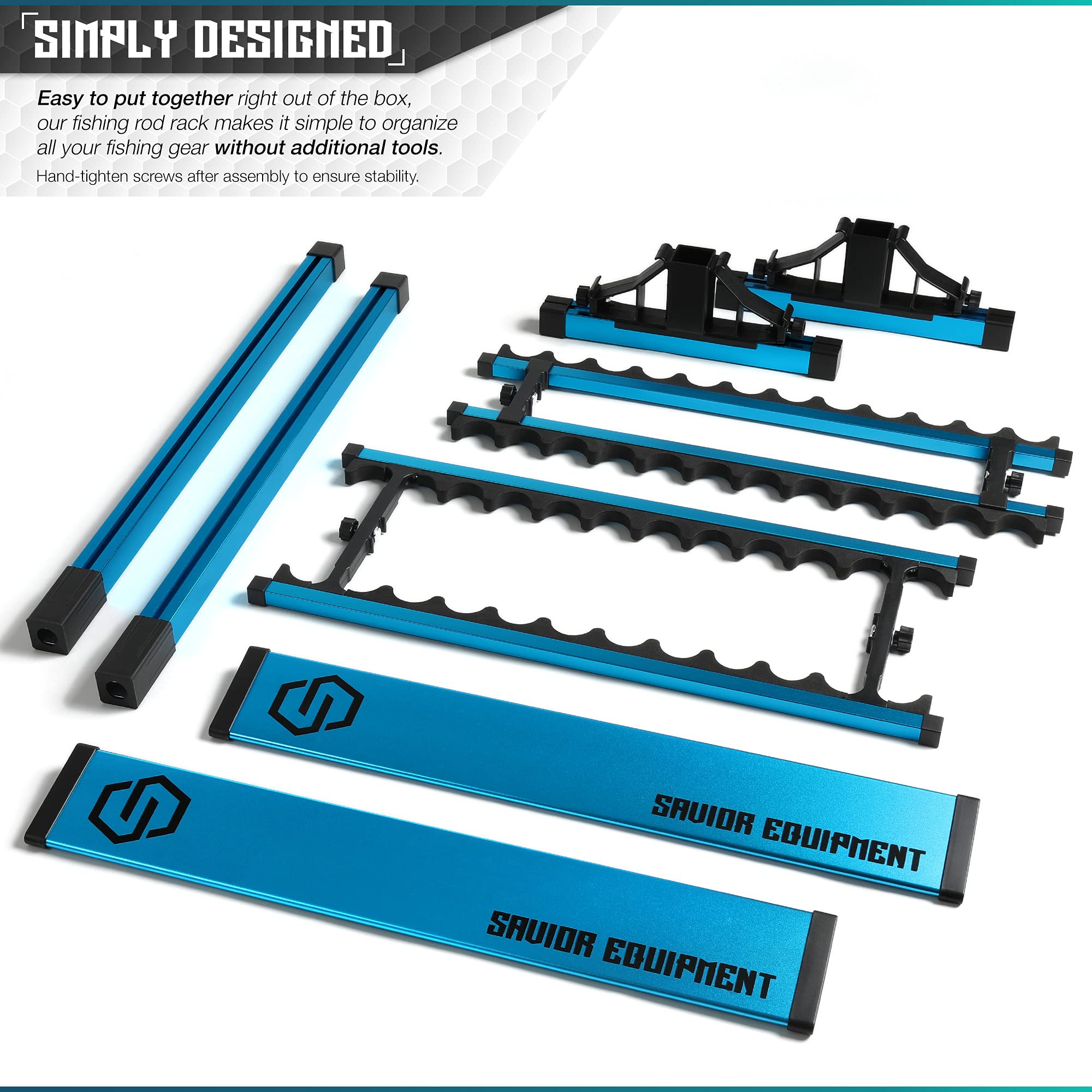 Savior Equipment rod rack with reels demonstrates integrated space for reel-heavy setups.