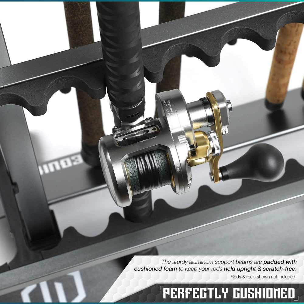 Savior Equipment gray garage stand displaying rods and reels