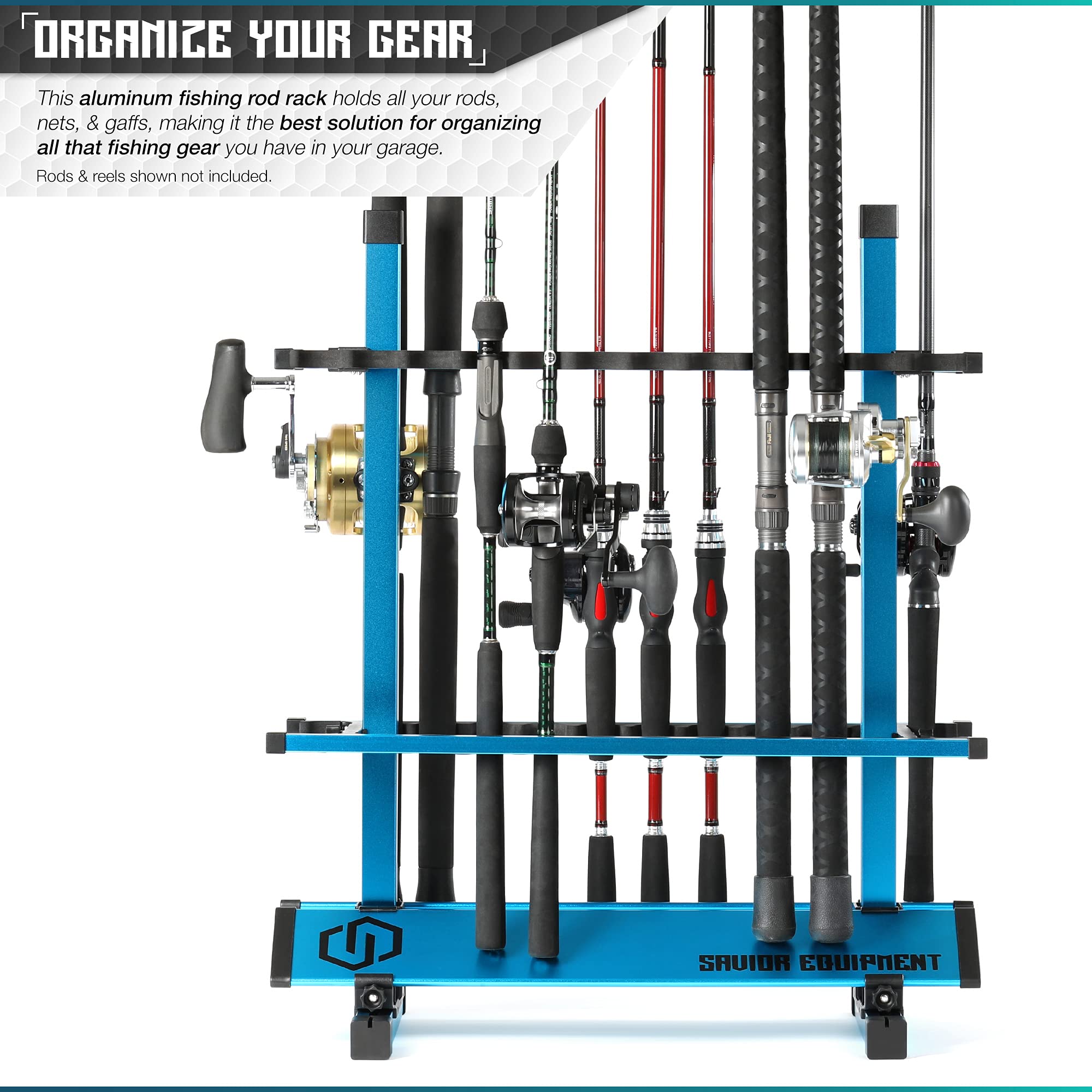 Savior Equipment vertical rod display keeps 24 rods neatly aligned for quick access.