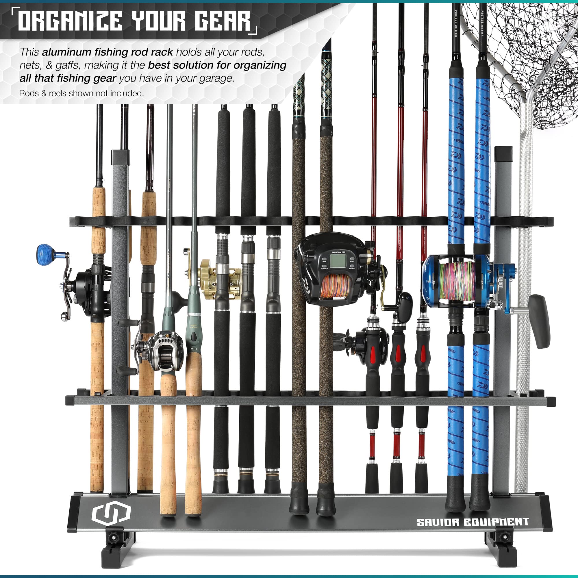 Savior Equipment rod rack gray side view for garage organization