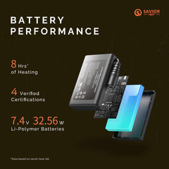 SAVIOR HEAT 7.4V battery provides extended warmth and quicker heating