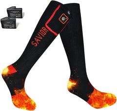 SAVIOR HEAT electric heated socks front view with dual batteries for long-lasting warmth.