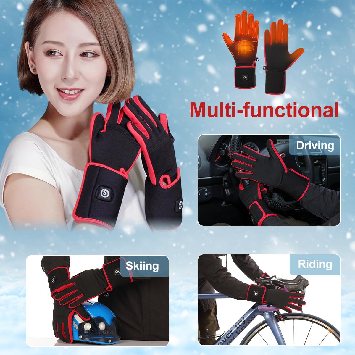 SAVIOR HEAT glove liners worn during winter activities show flexible comfort.