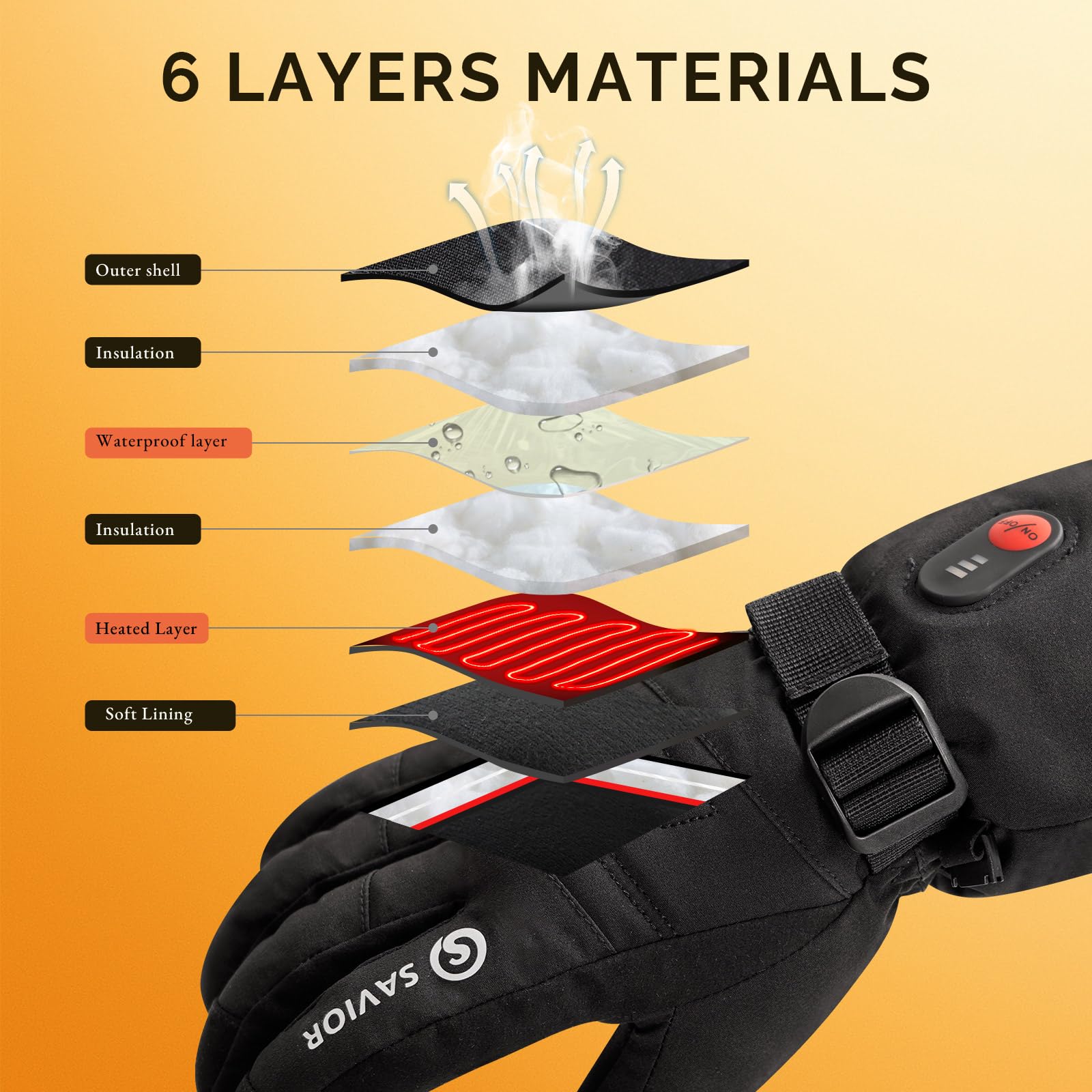 SAVIOR HEAT gloves 6-hour runtime powered by a 7.4V battery for long outings.