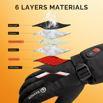 SAVIOR HEAT gloves 6-hour runtime powered by a 7.4V battery for long outings.