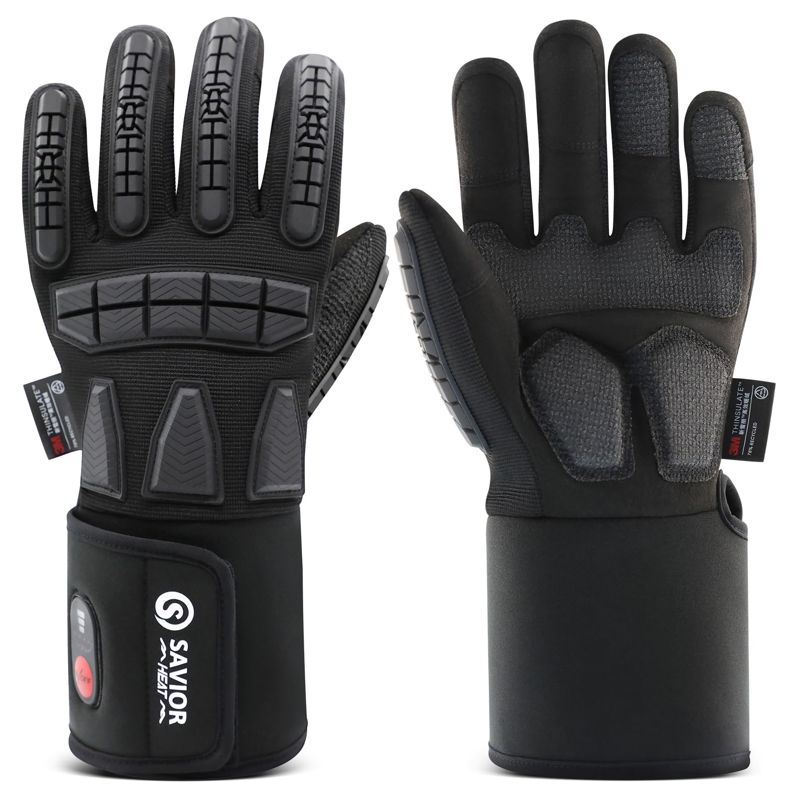 SAVIOR HEAT gloves battery setup demonstrates quick warm-up for cold workdays.