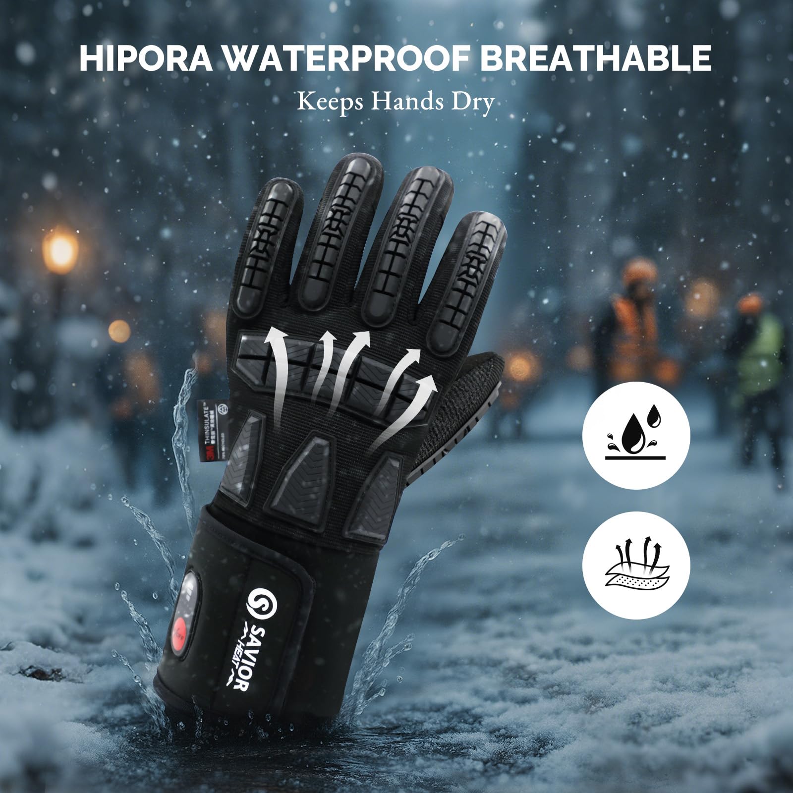 SAVIOR HEAT gloves pictured in a snowy outdoor scene for winter chores.