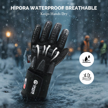 SAVIOR HEAT gloves pictured in a snowy outdoor scene for winter chores.