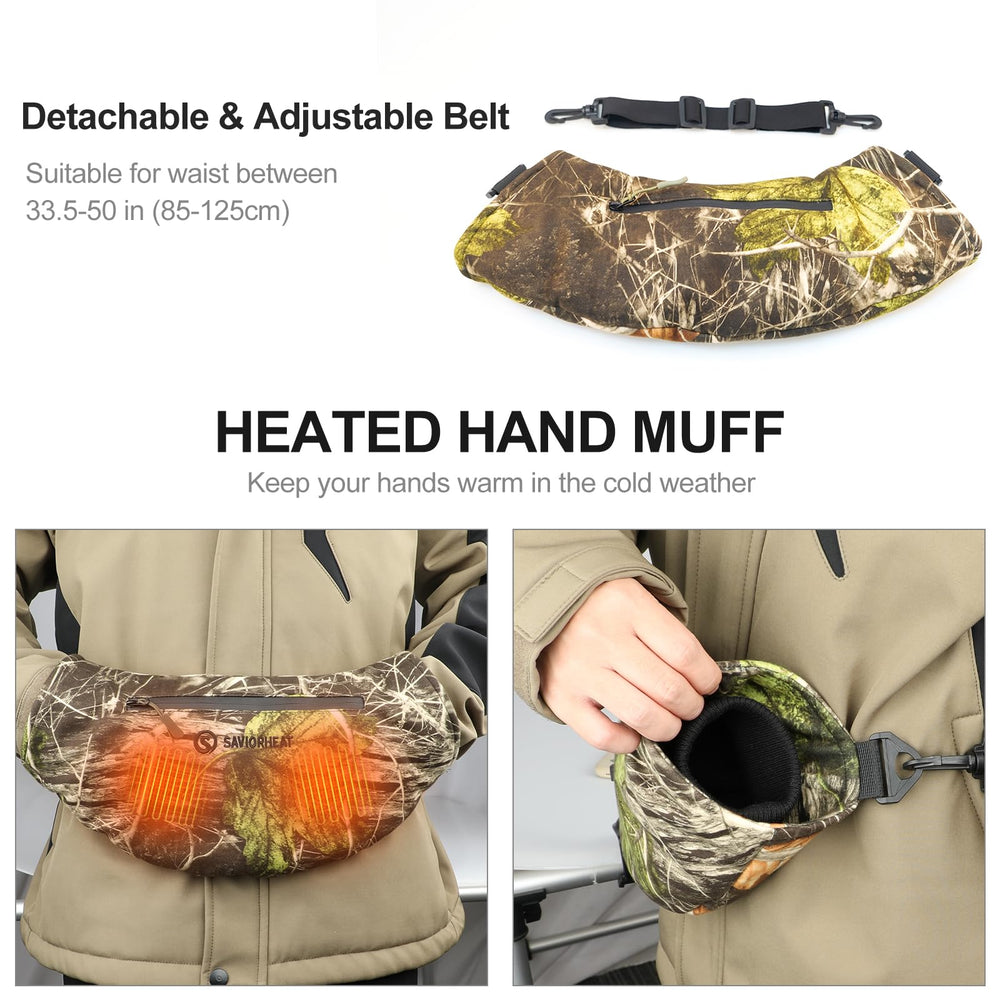 Savior Heat hand muff 10000mAh battery and USB port for on-the-go charging.