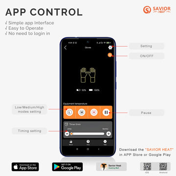 Savior Heat heated gloves app-control illustrates convenient temperature adjustments on the go