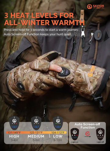 SAVIOR HEAT gloves on hand showing warm, flexible fit for hunting and dexterity