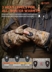 SAVIOR HEAT gloves on hand showing warm, flexible fit for hunting and dexterity
