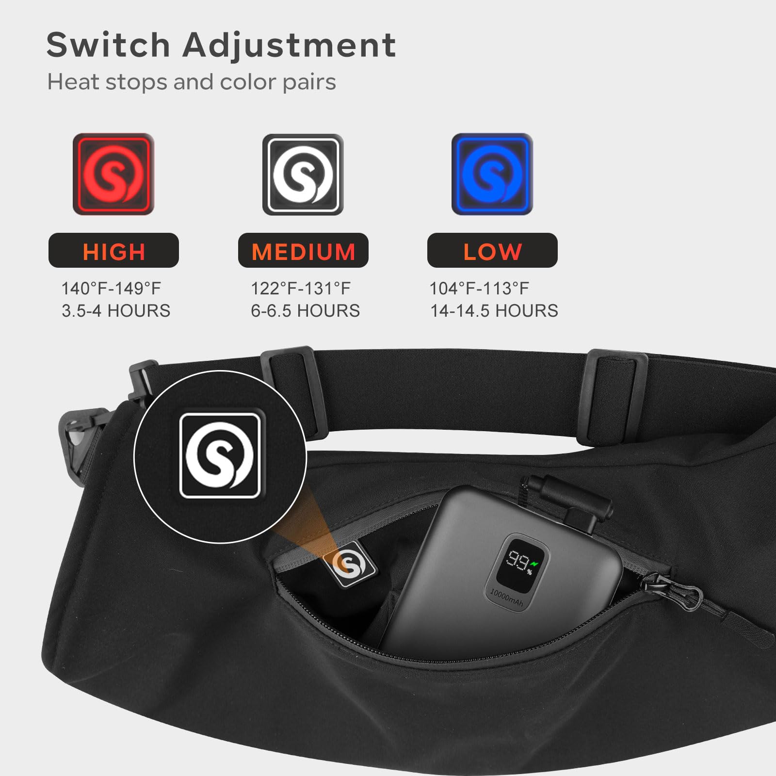 SAVIOR HEAT hand muff worn at the waist with adjustable belt for easy warmth