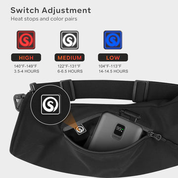 SAVIOR HEAT hand muff worn at the waist with adjustable belt for easy warmth