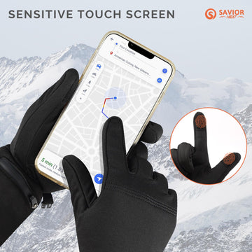 SAVIOR HEAT thin Lycra liner shown inside outer gloves supports dexterity.