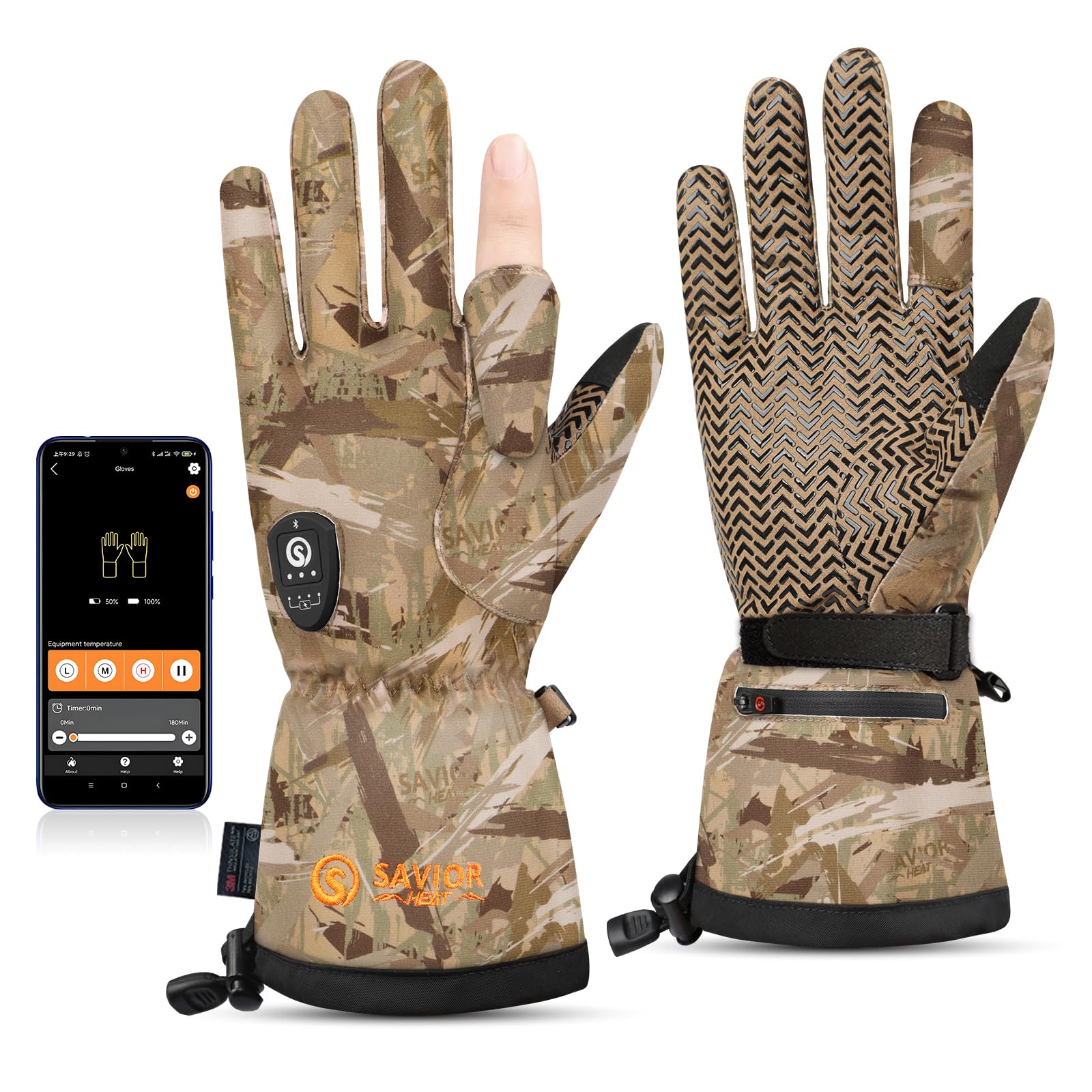 SAVIOR HEAT heated gloves front view in camo for cold-weather hunting