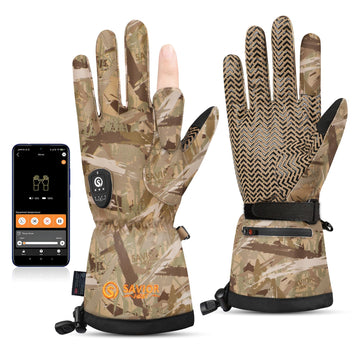 SAVIOR HEAT heated gloves front view in camo for cold-weather hunting