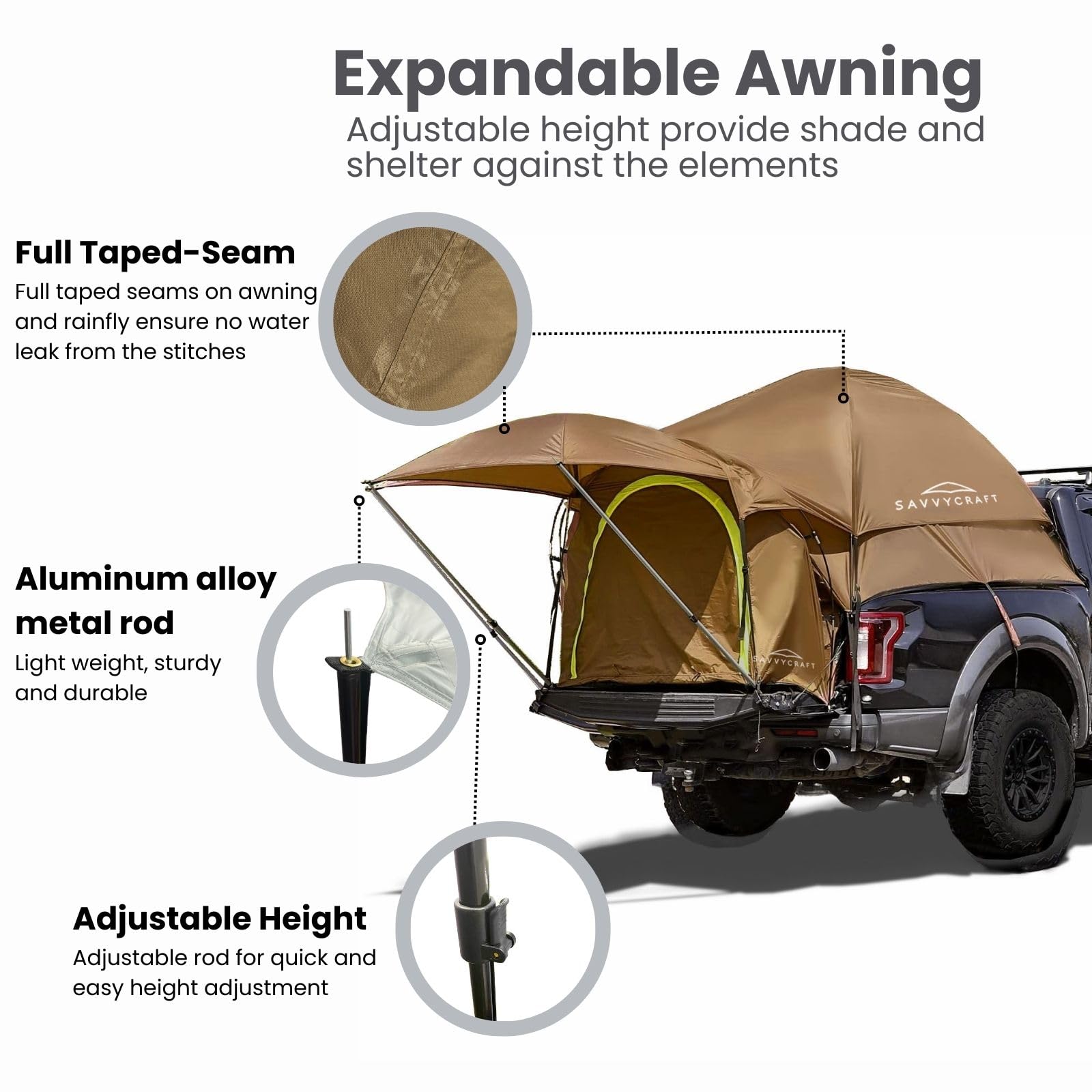 Savvycraft truck bed tent awning-extendable creating shade on sunny trips.
