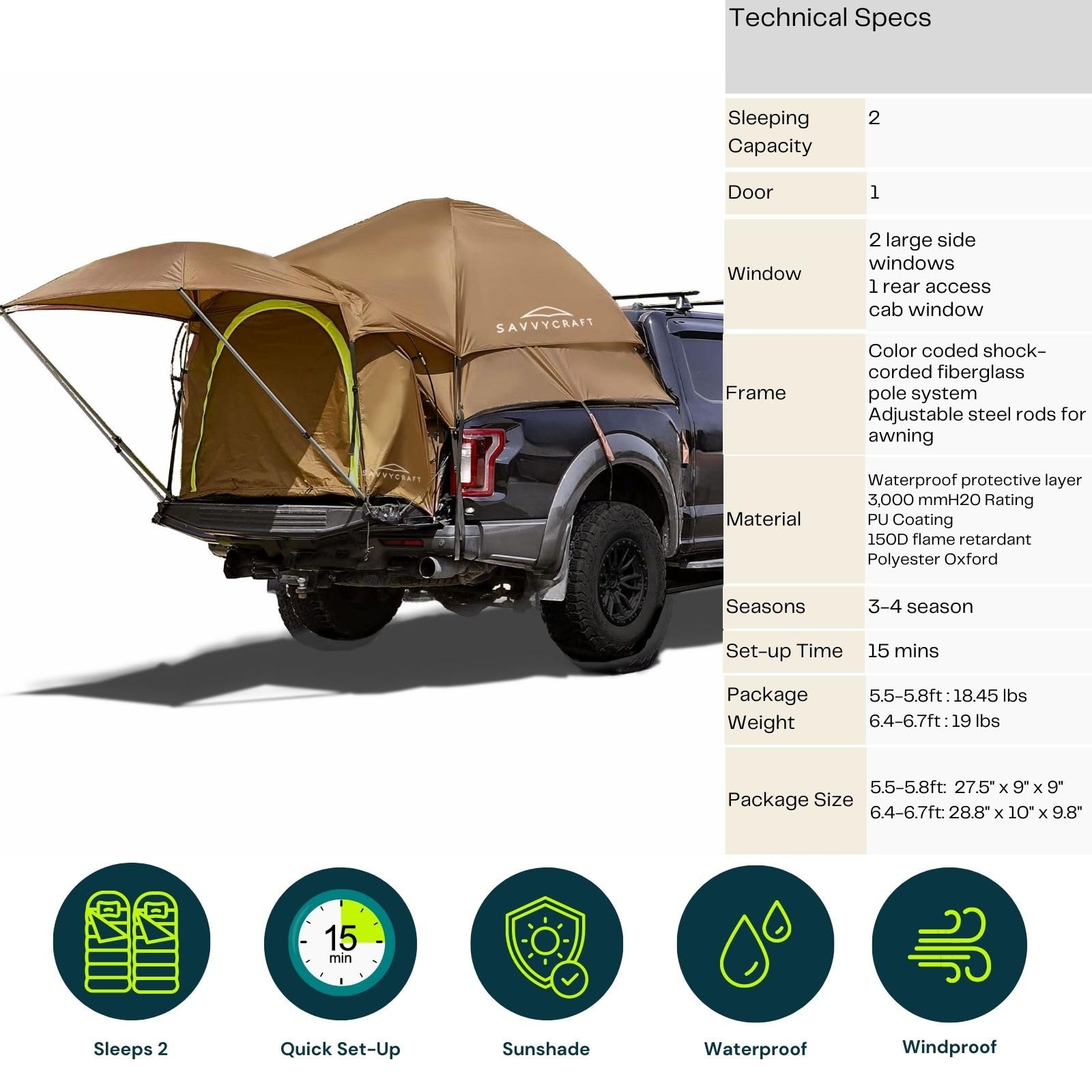 Savvycraft truck bed tent includes rainfly and storage bag for weather protection and packing.