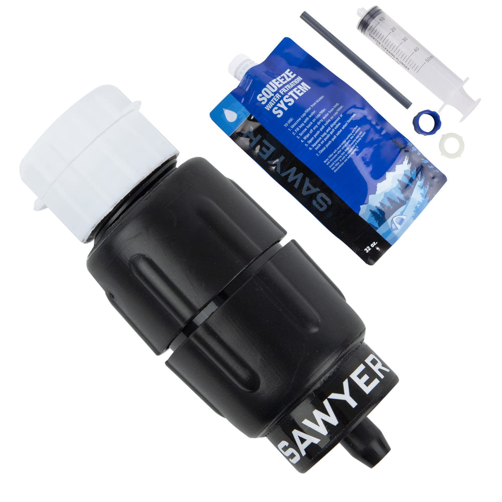 Sawyer Micro Squeeze filter shown in palm size for easy field filtration on trips