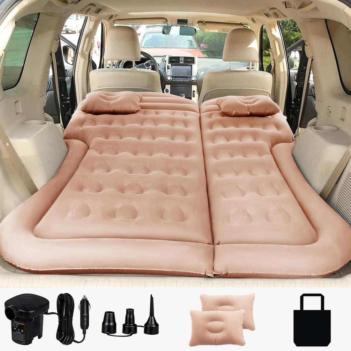 SAYGOGO SUV air mattress beige in box highlights portable comfort for home use or travel.
