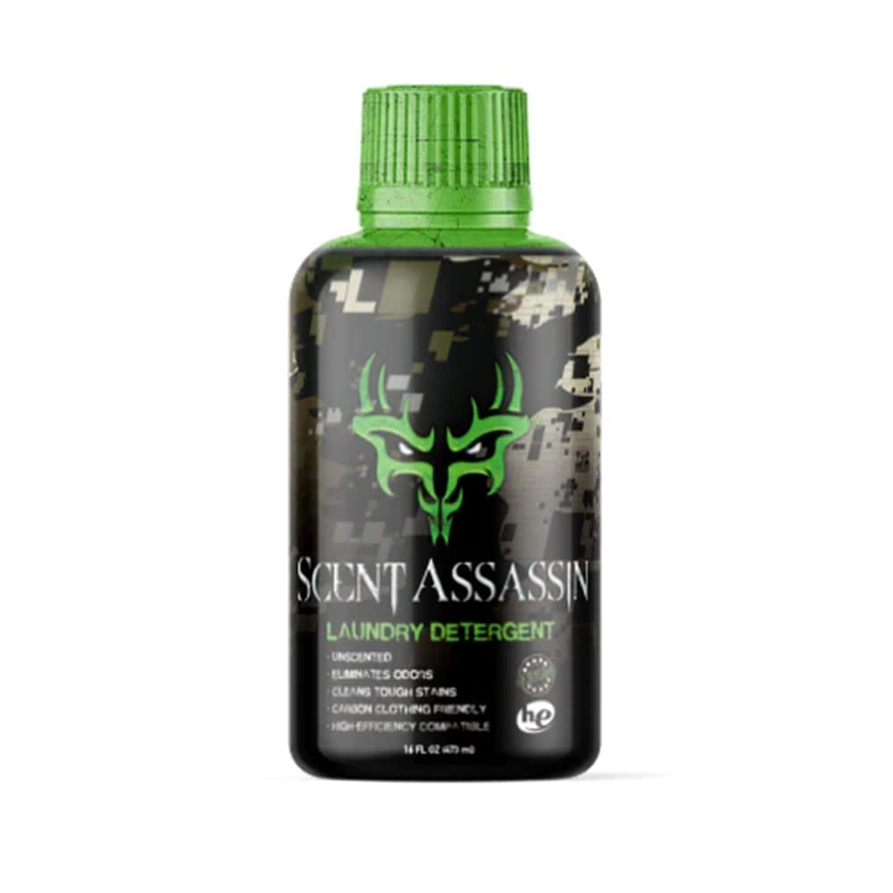 Scent Assassin unscented detergent bottle for scent-free hunting gear.