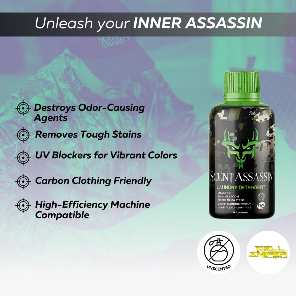 Scent Assassin detergent applied to hunting fabrics for odor reduction.
