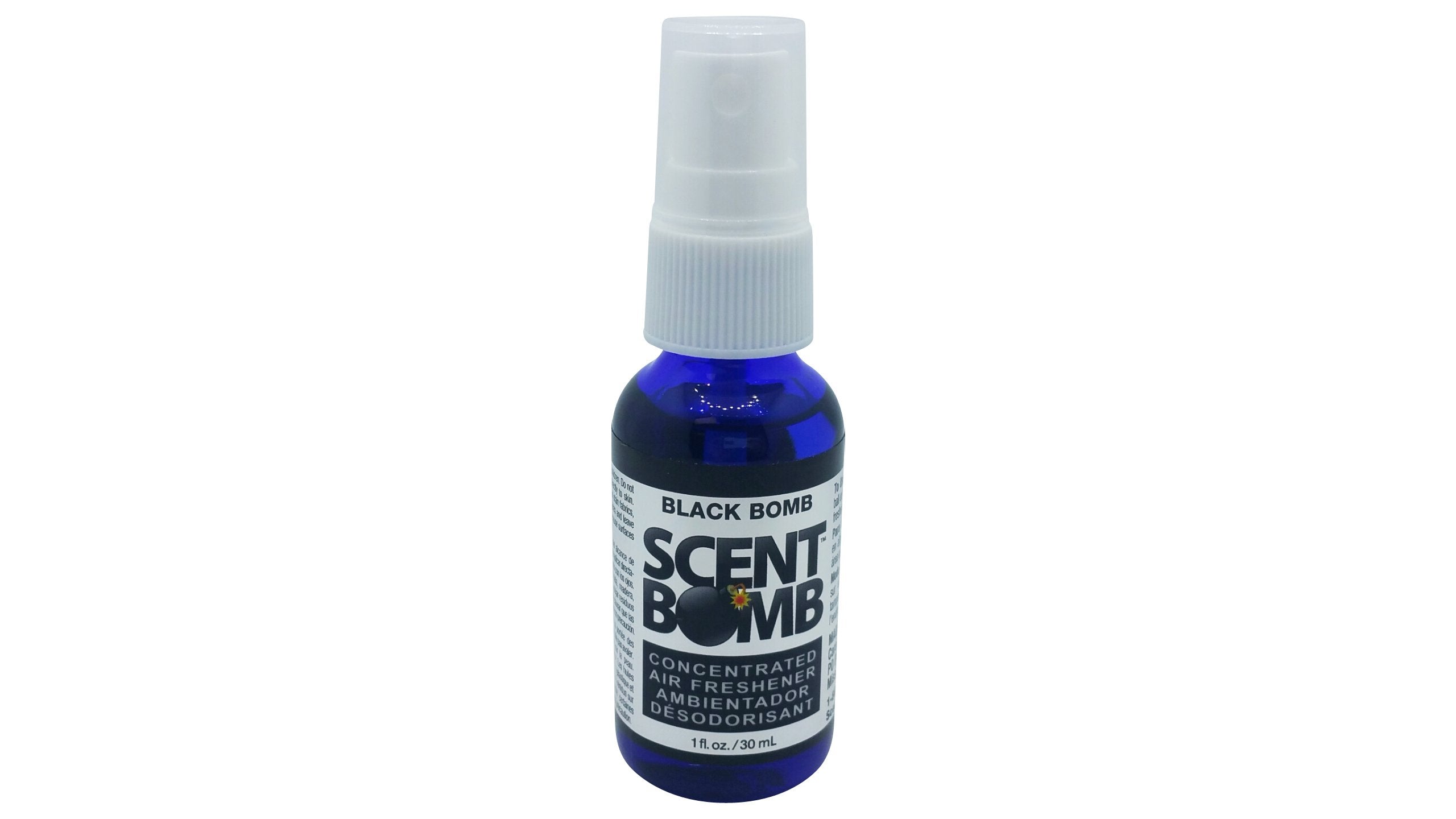 Scent Bomb Black Bomb air freshener in-use demonstrates quick spray for office, car, or home.