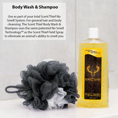 Scent Thief hunting body wash and shampoo bottle for clean, odor-free skin.