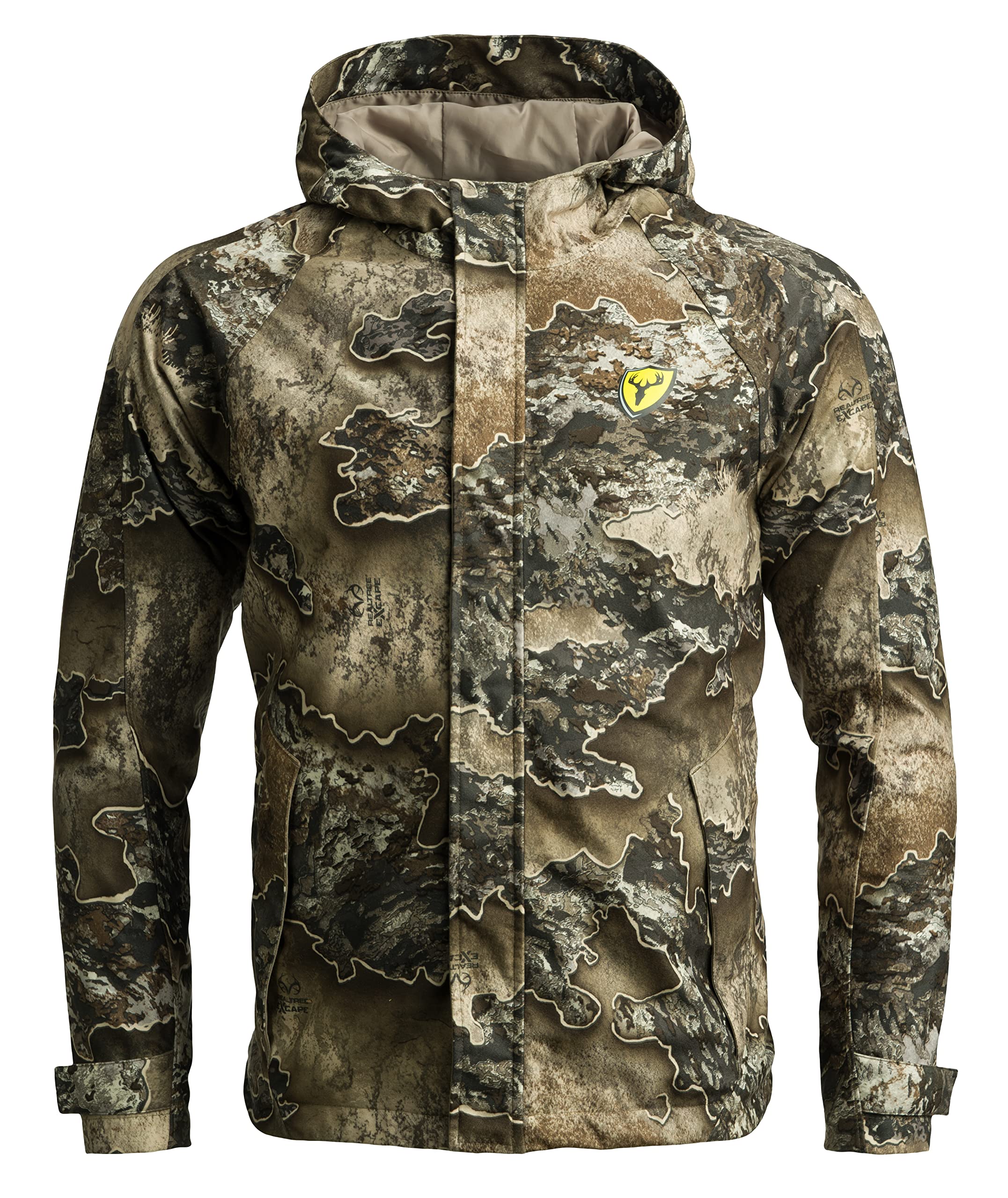 SCENTBLOCKER Drencher jacket front view, waterproof camouflage design for rainy hunts.