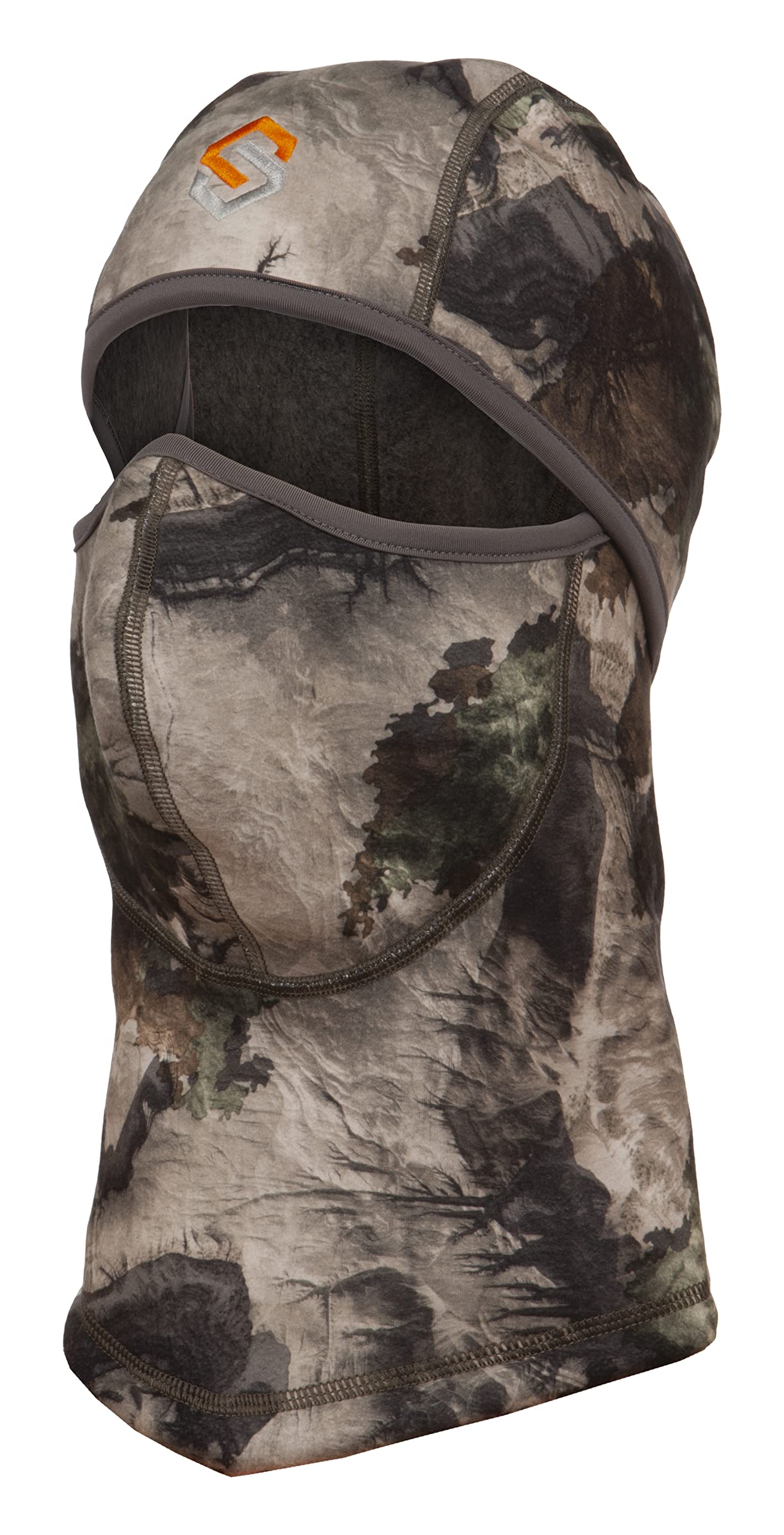 ScentLok BE:1 camouflage full-face mask with wide eye opening for unobstructed vision during outdoor hunts.