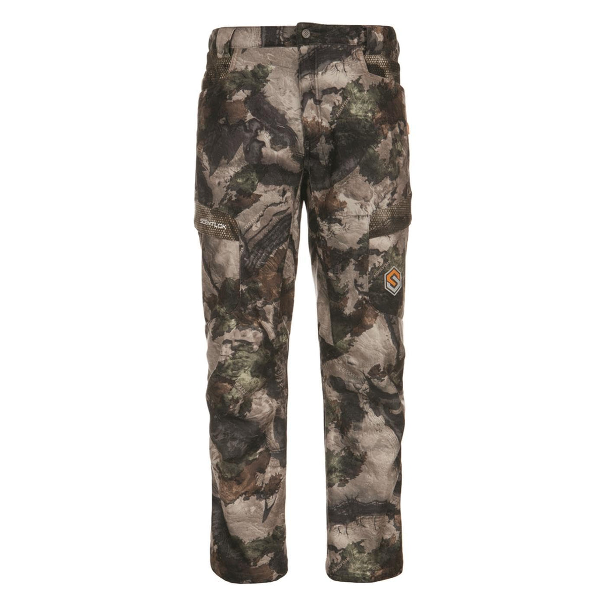 ScentLok Forefront women's pants front view in Terra Gila camo, stealth-ready for hunting.