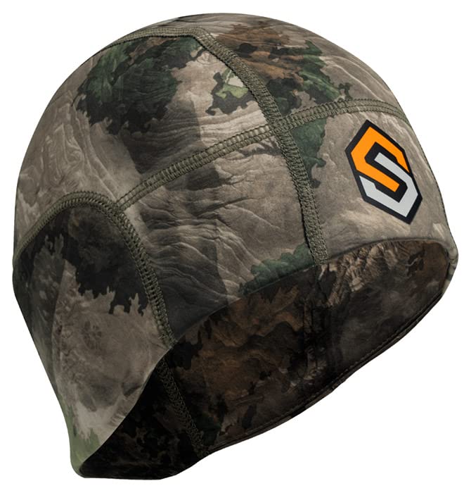 ScentLok camouflage skull cap worn during camping for warmth and scent control.