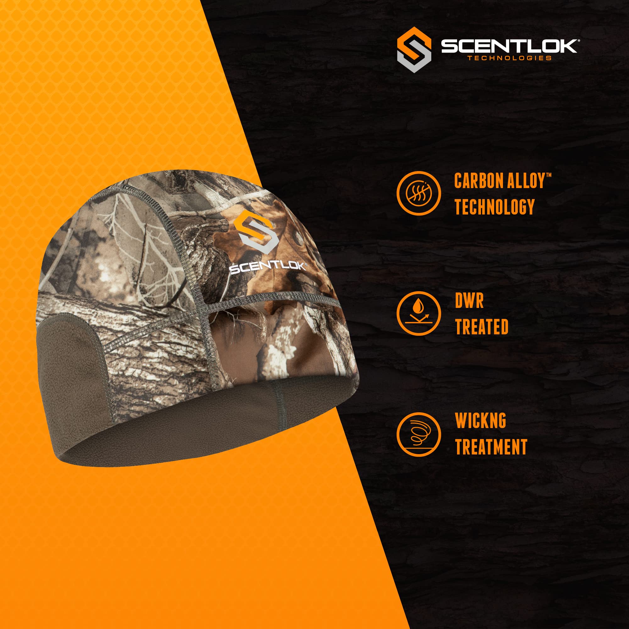 ScentLok fleece panel close-up, RealTree camo, warmth and moisture-wicking comfort.